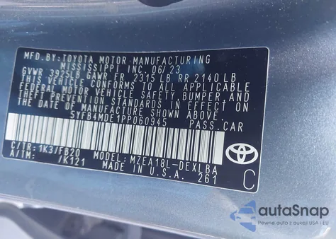 2023 Toyota Corolla Le из США, поврежденный, VIN 5YFB4MDE1PP060945